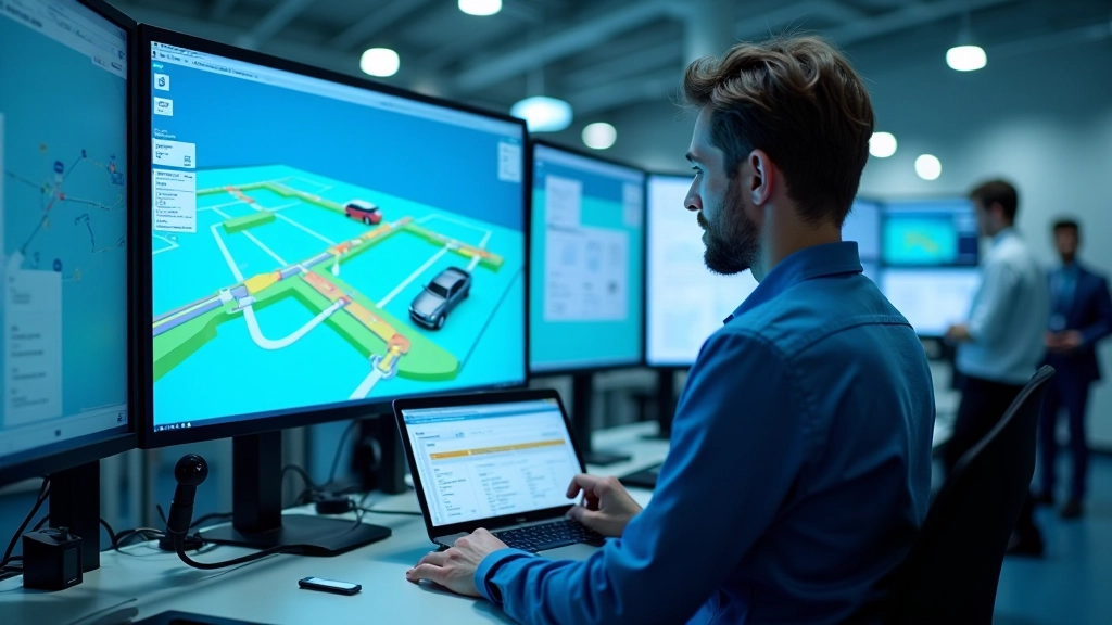 Testuotojo dirbtuvės su simuliacijos ekranu rodančiu autonominio automobilio navigacijos sistemą